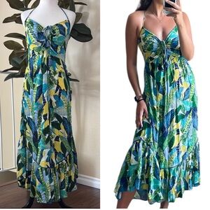 Aerie Paradise Palm Green Blue Halter Cutout Maxi Dress Size Large